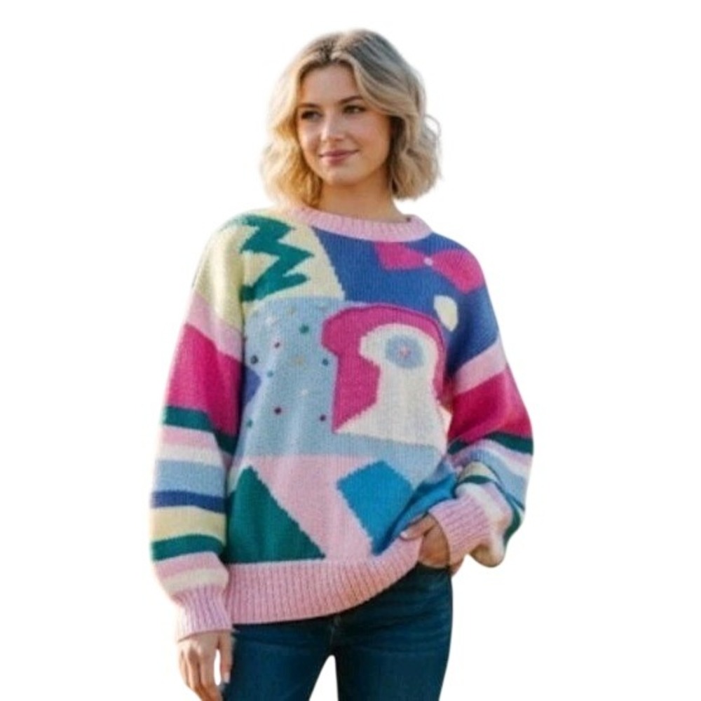 Vintage Nannell Hand Knit 80s Wool Angora Sweater Chunky  Grannycore Colorful L